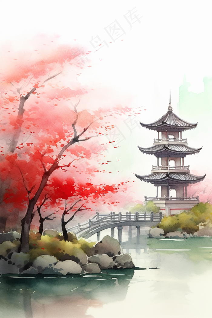 国风水墨画山水花卉唯美插画背景(2688x4032)