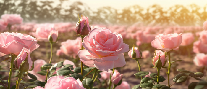 阳光背景下田野中的粉红玫瑰风格复杂插花(6720x2880)