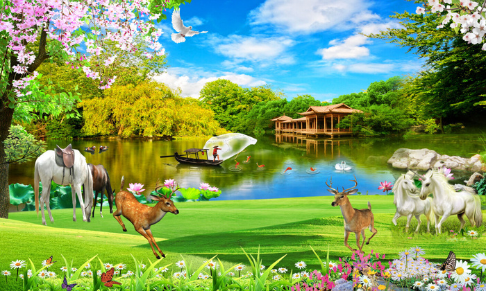 清新流水生财山水木房绿草白马小鹿风景