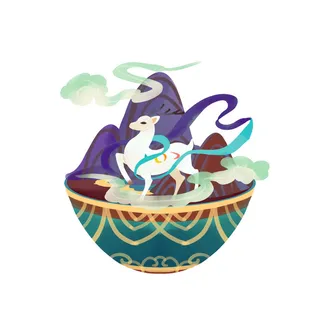 时尚微景观山水装饰庭院祥云中式国潮风插图插画元素素材设计模板