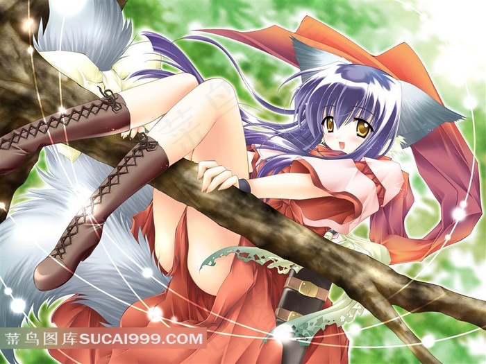 坐在树干上的动漫女孩