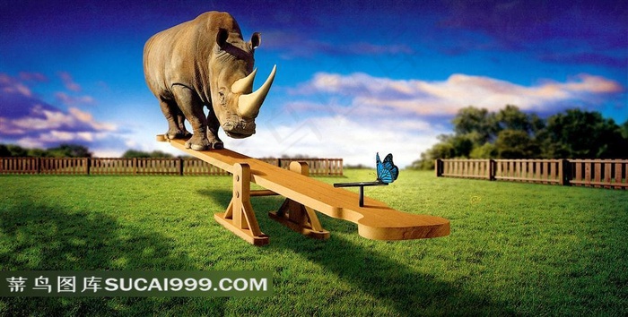 创意广告图片-犀牛和蝴蝶翘跷跷板广告图片素材