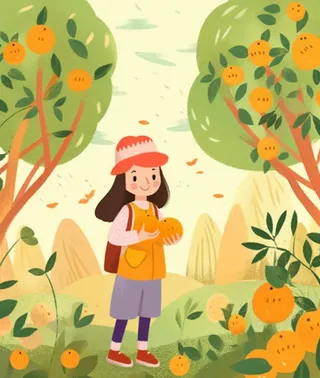 女孩摘树上的水果丰收插画背景