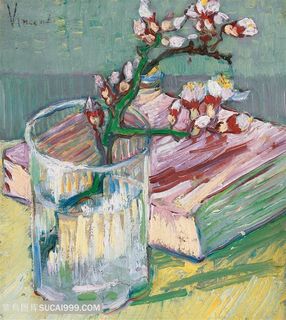 梵高一本书和玻璃杯里盛开杏仁枝