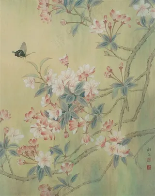 蝶舞海棠春意浓工笔画