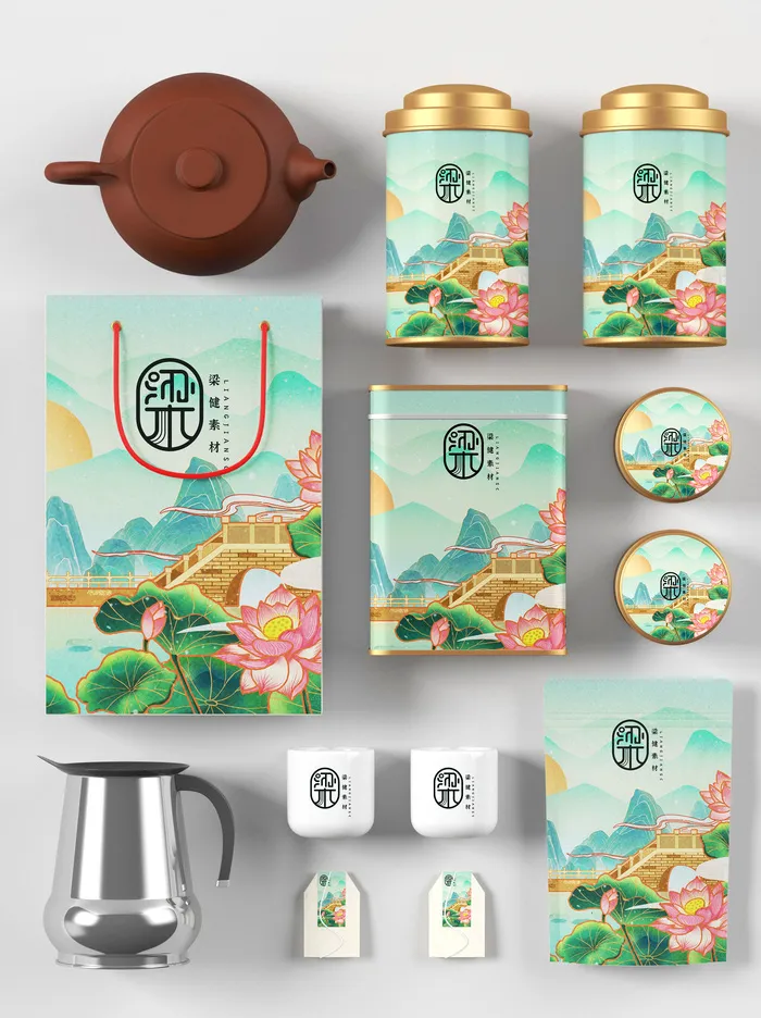 国风高档茶叶包装盒袋罐瓶LOGO标贴展示VI智能贴图样机PSD素材psd模版下载