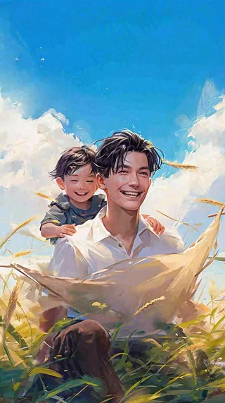 父亲节田间农村孩子游玩欢乐陪伴，父爱父子温馨插画