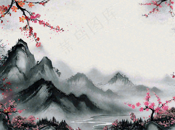 中国风水墨山水画，山脉枝叶花朵手绘插画(1264x944)