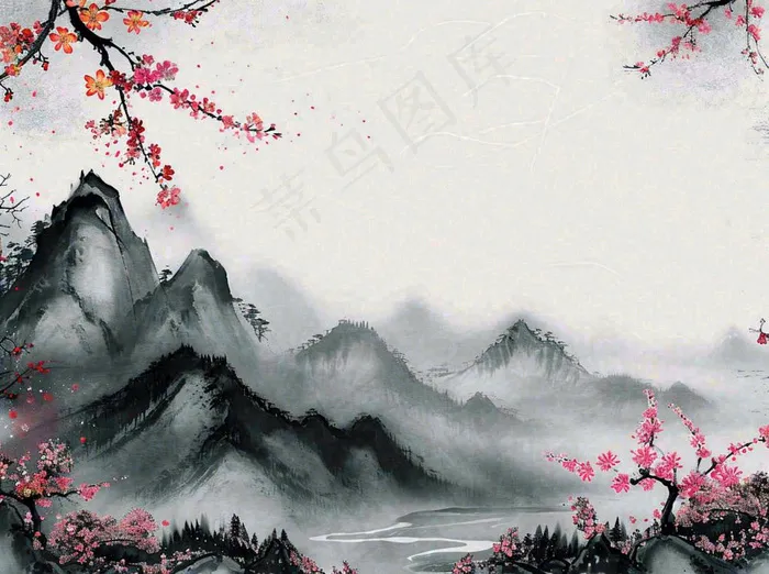 中国风水墨山水画，山脉枝叶花朵手绘插画(1264x944)