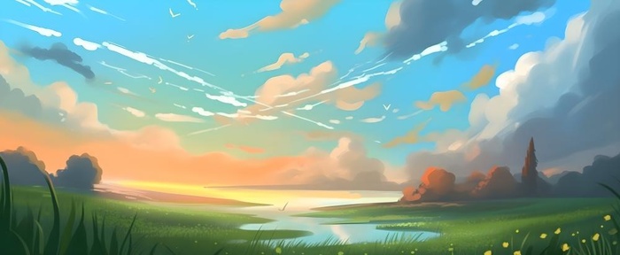 春天蓝天白云草原绿色树草地手绘插画海报素材背景(6848x2816)