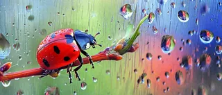 雨天雨水水珠上七星瓢虫动物爬行，彩色渐变摄影图