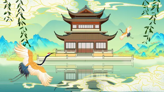 中国风国潮古建筑地标城市古风建筑阁楼印象地标手绘插画PSD素材