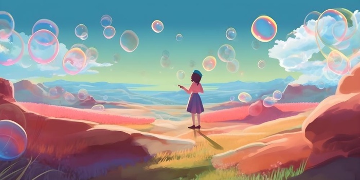 蓝天白云彩色泡泡彩虹草原树林风景插画背景