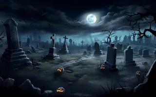 万圣节夜晚坟墓恐怖月色树林插画蓝黑色背景