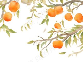 秋 柿子树水彩画插画免抠