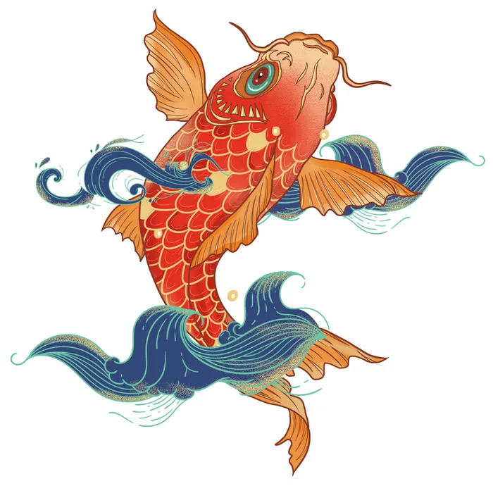 手绘国潮古风喜庆铜钱锦鲤鱼金鱼荷花插画场景装饰PSD设计素psd模版下载