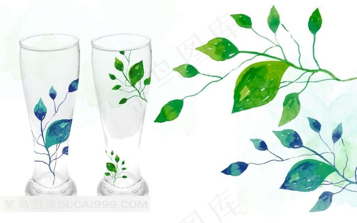 玻璃杯上的手绘树叶
