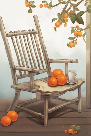 古风橘子树藤椅插画背景