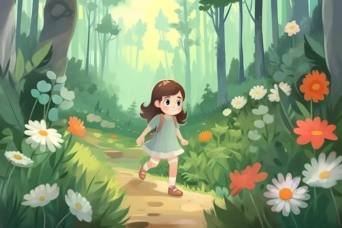 春天小女孩在森林里漫步奔跑草丛花手绘插画素材背景(5376x3584)