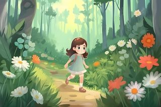 春天小女孩在森林里漫步奔跑草丛花手绘插画素材背景