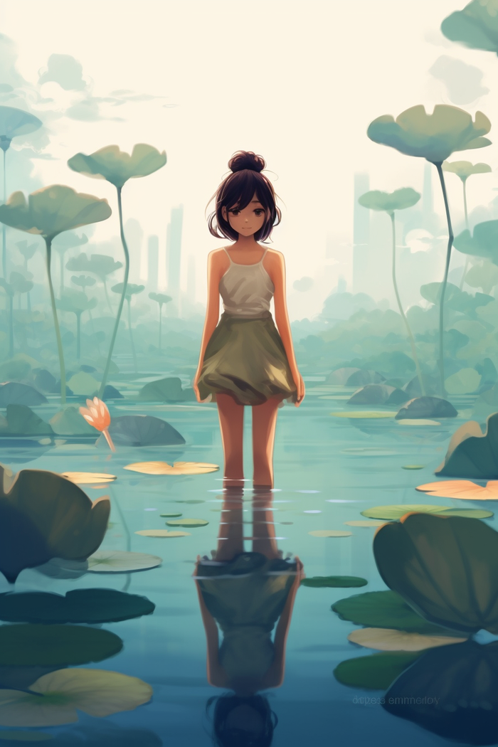 夏日女孩站在睡莲池里卡通插画素材