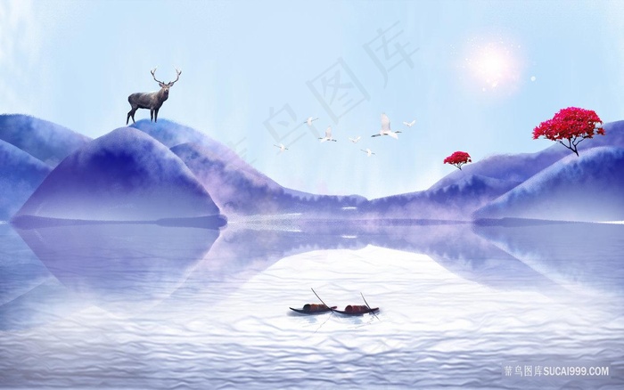 唯美水墨湖畔麋鹿风景画