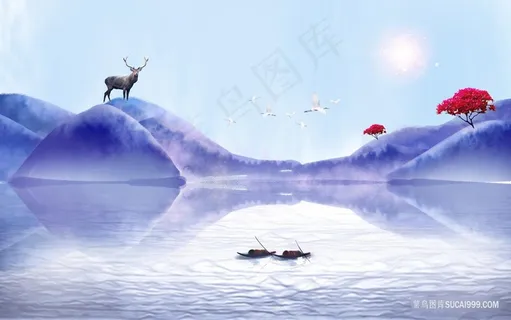 唯美水墨湖畔麋鹿风景画 唯美水墨湖畔麋鹿风景画