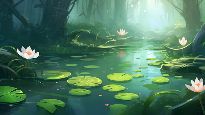 睡莲森林池塘卡通插画(4368x2448)