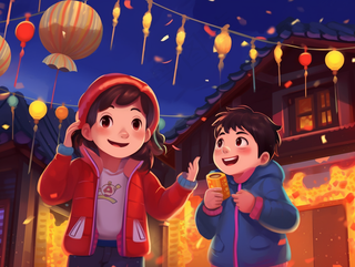 新年喜庆儿童上街玩耍灯笼烟花卡通插画