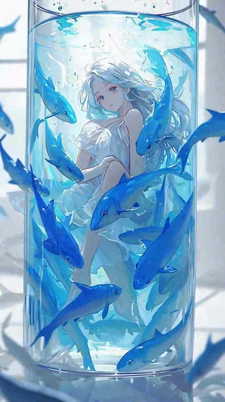 蓝色水面美人鱼，鱼类少女动漫漫画手绘插画