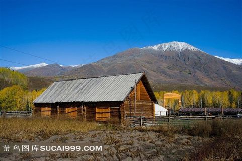 新疆阿勒泰禾木乡村雪山风景