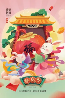 卡通2023兔年新年春节海报