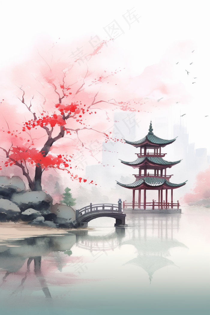 国风水墨画山水花卉唯美插画背景(2688x4032)