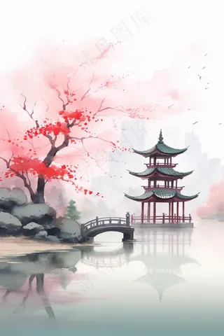 国风水墨画山水花卉唯美插画背景