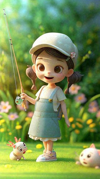 儿童节小女孩田间游玩小草小花，动物鱼类可爱