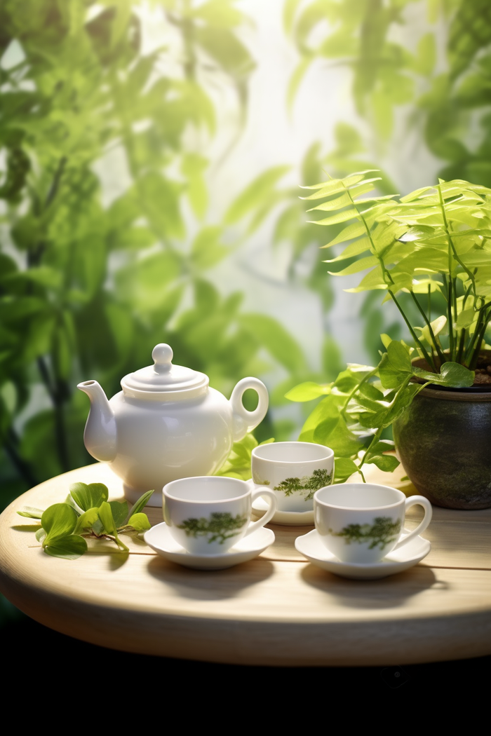 餐桌上的咖啡杯下午茶绿植阳光光影摄影图(2688x4032)