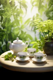 餐桌上的咖啡杯下午茶绿植阳光光影摄影图