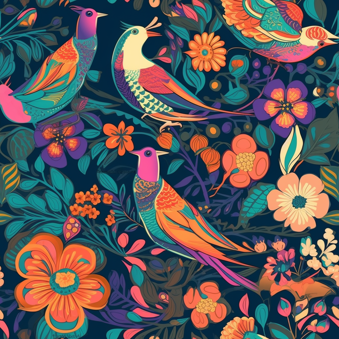 花鸟图，插画风格，无缝贴图，素材