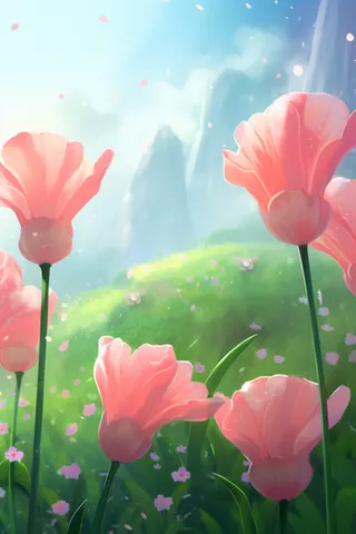 粉色花丛深山草丛卡通插画素材背景