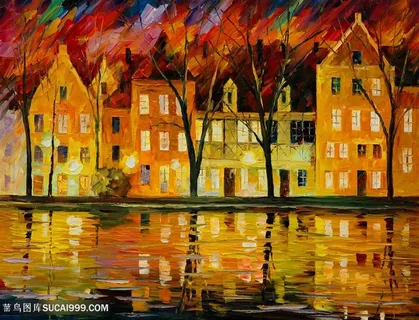 唯美水彩建筑湖畔美景油画 唯美水彩建筑湖畔美景油画