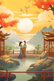 国潮花朵仙鹤云间背景