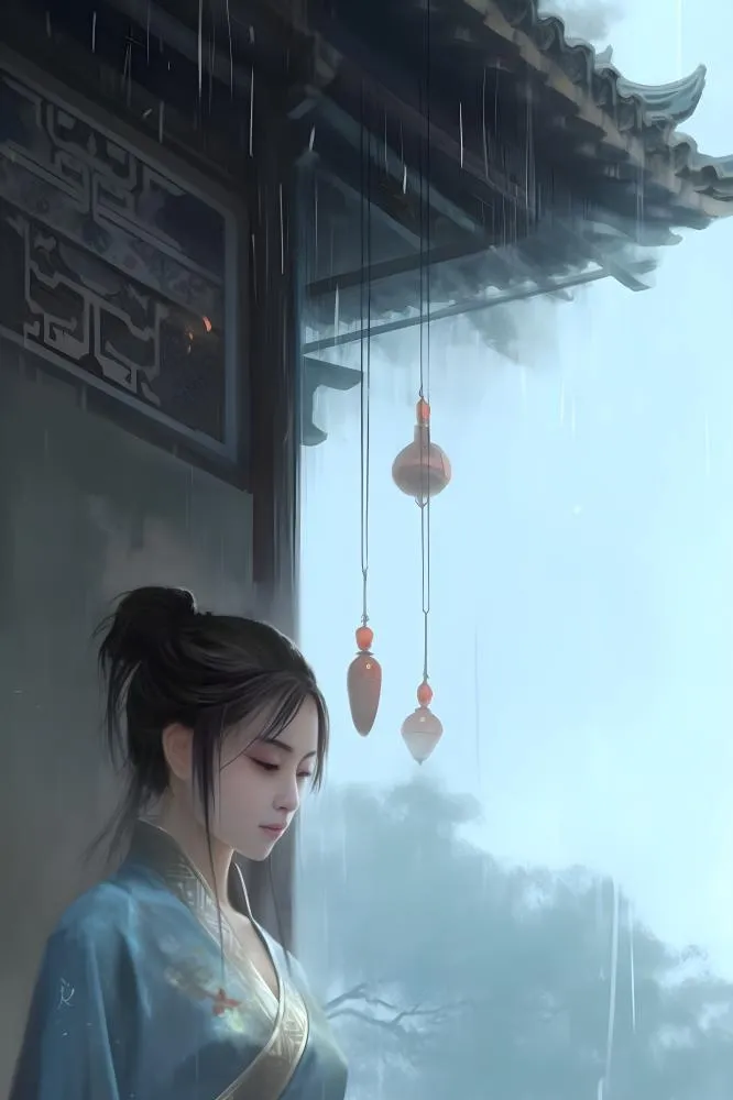 国风女侠水墨雨水背景(2400x3600)