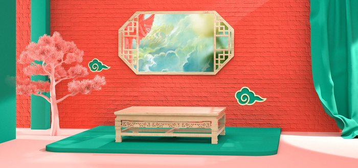 中国风国潮电商促销首页海报C4D背景图3D场景立体设计PSD素材模板