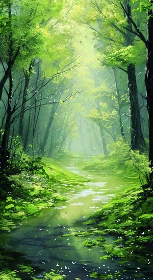 春天绿树成荫的树林里面小溪溪水飘着树叶