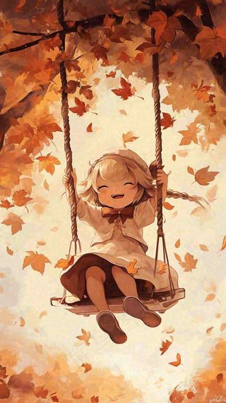 秋天秋叶树下卡通女孩荡秋千手绘插画，唯美落叶