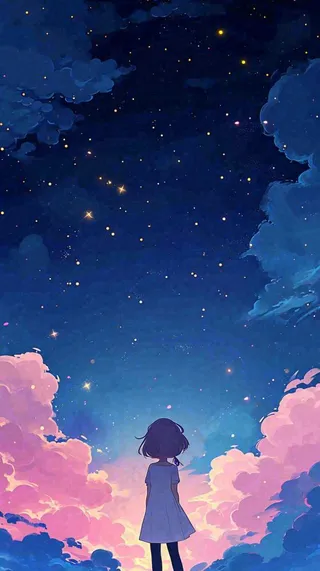 闪烁夜晚浪漫少女仰望星空粉紫色，银河月亮