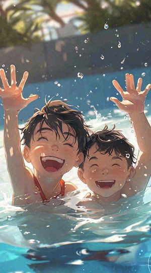 夏天火辣阳光少年游泳清爽插画，夏至夏季小暑大暑暑假