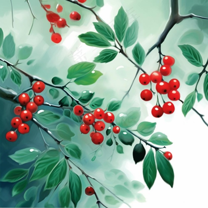 树枝上的红色果实小清新植物水墨画插画素材(1024x1024)