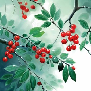 树枝上的红色果实小清新植物水墨画插画素材