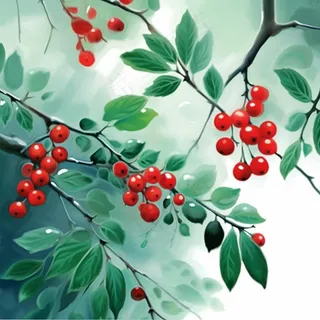 树枝上的红色果实小清新植物水墨画插画素材